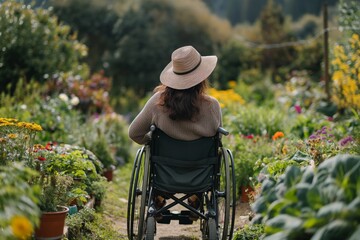 Woman in a hat in a wheelchair on a farm. View from the back. Disabled person without the ability to move independently. Concept inclusivity, healthcare.