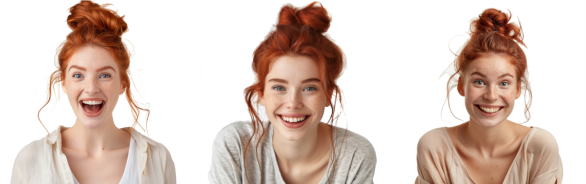 Happy cheerful young woman wearing her red hair in bun rejoicing at positive news or birthday gift, looking at camera with joyful and charming smile - Powered by Adobe