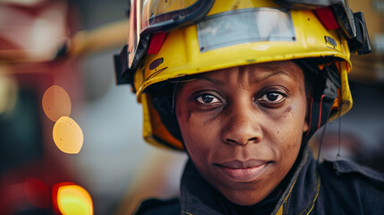 Retrato de una mujer bomber con casco y uniforme - obrazy, fototapety, plakaty