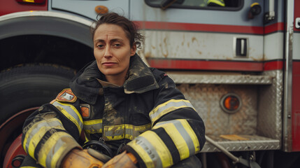 Retrato de una mujer bombero junto a un camión de bomberos - obrazy, fototapety, plakaty