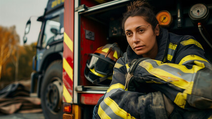 Retrato de una mujer bombero junto a un camión de bomberos - obrazy, fototapety, plakaty