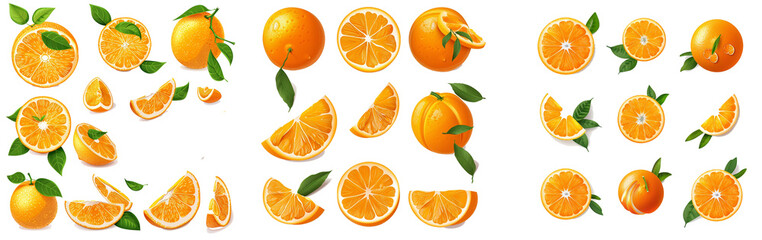 Set of fresh whole and cut orange and slices