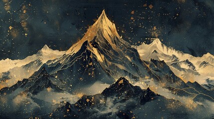 Minimalist depiction of a mountain peak under a starry sky, in gold and black, signifying goal achievement