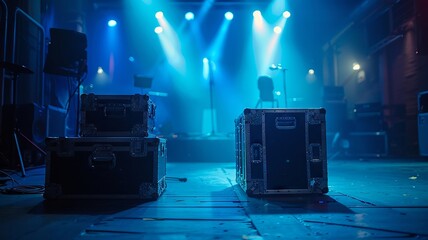 Backstage equipment cases under a blue stage light
