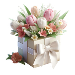 A bouquet of flowers is in a white box with a white ribbon tied around it, gift, flower, 3D render, isolated on a transparent background