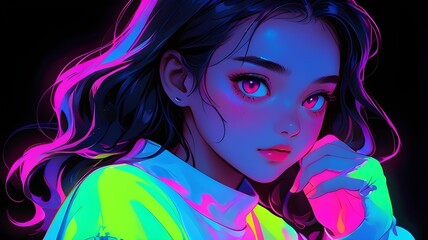 Neon Magic Enchanting Beauty of a Shiny-Faced Beautiful Girl