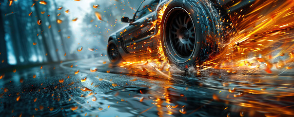 Car tire on fire. Speed and motion effect with sparks and bright lights on wet asphalt. Banner with space for copying. Generative AI