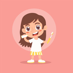 Happy girl brushing her teeth
with toothpaste and brush.Vector illustration.
