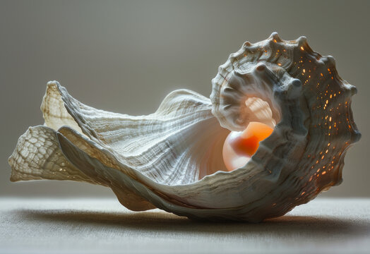 Round pearl in a shell on a white delicate pastel background. Generative AI