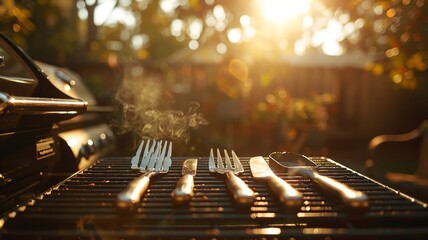 Warm sunlight casts on a selection of grilling tools atop a black grill