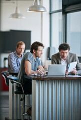 Businessmen, notes and desk in office with discussion for teamwork with meeting for collaboration. People, laptop and company with consultant for finance with planning, working and financial advisor