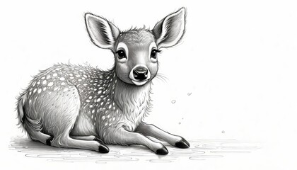   A black-and-white drawing of a deer lying on the ground, head turned to the side - obrazy, fototapety, plakaty