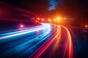 Blurry Nighttime Highway Traffic - obrazy, fototapety, plakaty