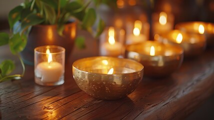 Obraz na płótnie Canvas Golden Tibetan bowls beside flickering candles, serene dark wood ambience