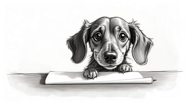   A Dachshund Pup In Black And White, Leans Against A Sheet Of Paper In Its Mouth, Holds A Pen