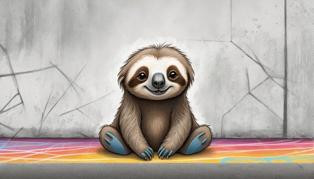  A painting of a sloth sitting on the ground with crossed legs and feet, against a backdrop of a wall