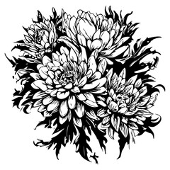 Beautiful monochrome, black and white bouquet of isolated chrysanthemums. for greeting cards and invitations for weddings, birthdays, Valentine's Day, Mother's Day and other seasonal holiday illustrat