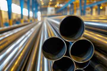 Close up of shiny steel pipes stacked in a warehouse - obrazy, fototapety, plakaty