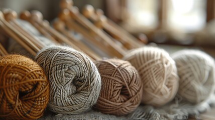 Earth-toned wool skeins arranged with knitting needles - obrazy, fototapety, plakaty
