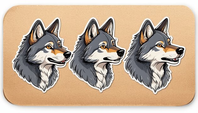 Naklejki   Three stickers of a wolf's head against a brown background, matching the wolf's head color