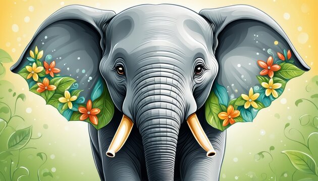   An image of an elephant adorned with flowers on its tusks and surrounded by leaves
