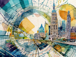 Abstract watercolor collage on the urban theme