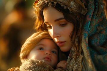 A photo capturing the iconic image of the Holy Virgin Mary tenderly holding her infant son, Baby...