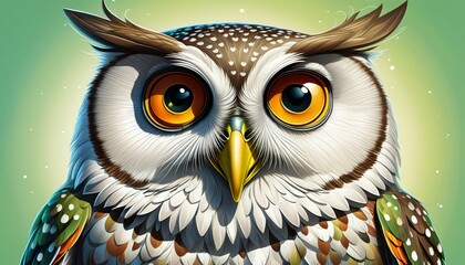   A tight shot of an owl with vibrant orange eyes and a pristine white body speckled by brown spots on its head