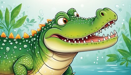 Fototapeta premium A cartoon crocodile, mouth agape with wide-spreading teeth, swims in the water Background includes aquatic plants and water lilies