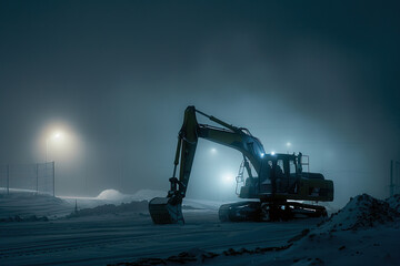 low key photography, backhoe at night, from a road during winter