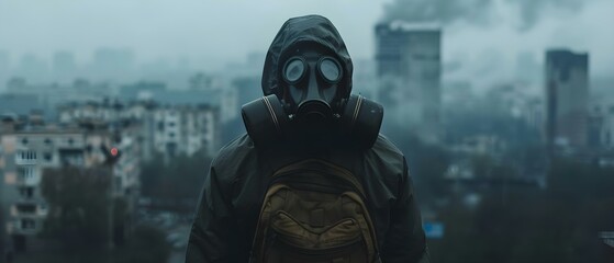 Solitary Guardian in a Toxic Metropolis. Concept Dystopian Landscapes, Post-Apocalyptic Scenes, Single Warrior, Urban Decay, Survival Amidst Chaos - obrazy, fototapety, plakaty