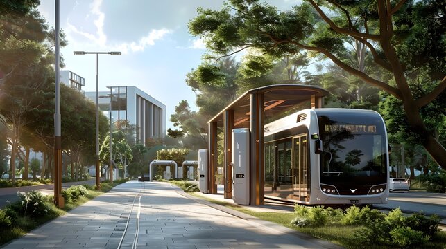 Sustainable Electric Self Driving Buses and Interactive Renewable Energy Kiosks in a Minimalist Urban Landscape