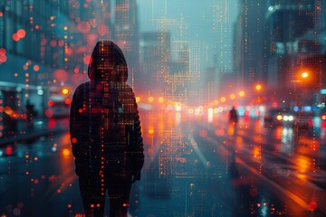 Silhouette of person with digital code overlay