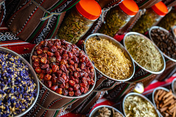 Variety of spices and herbs on Souq Muttrah, Muscat, Oman