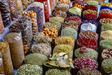 Variety of spices and herbs on Souq Muttrah, Muscat, Oman