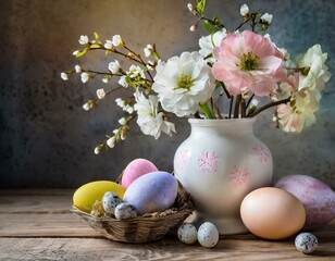 Obraz na płótnie Canvas Easter eggs and flowers in a vase - easter still life - easter card design background