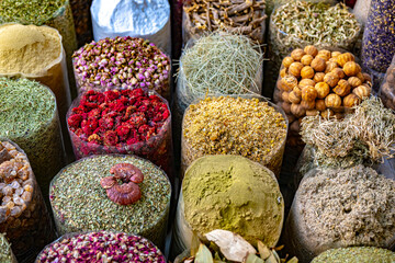 Variety of spices and herbs on Souq Muttrah, Muscat, Oman