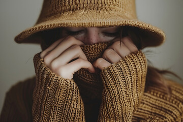 Woman in oversized sweater covering her face