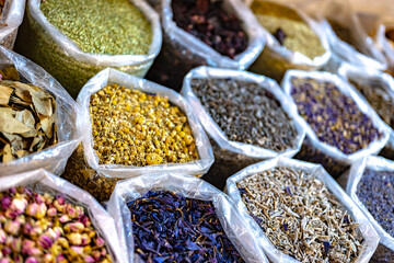 Variety of spices and herbs on Nizwa Souq, Oman