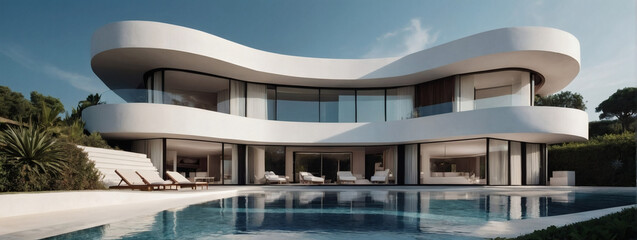 Elegance with the exterior of a modern minimalist white villa, characterized by its distinctive round shapes and opulent swimming pool, reflecting the essence of a luxurious lifestyle.