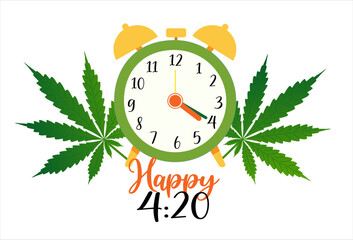 Weed day, 420 concept. Alarm clock showing time 4 20, time to smoke marijuana. Four twenty cannabis day. Design for banner, poster, greeting card - obrazy, fototapety, plakaty