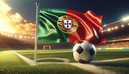 Soccer ball with Portugal flag on a football field, Generative ai
