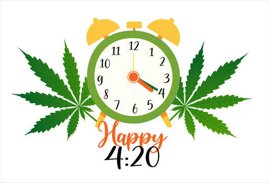 Weed day, 420 concept. Alarm clock showing time 4 20, time to smoke marijuana. Four twenty cannabis day. Design for banner, poster, greeting card