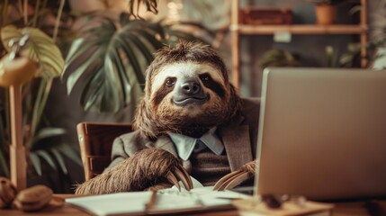 Fototapeta premium Sloth in a suit, managing time efficiently as a planner with laptop