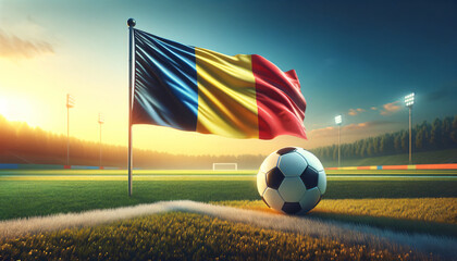 Soccer ball with Romania flag on a football field, Generative ai