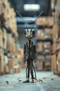 Detailed, hyper-realistic ant in a suit, organizing in a logistics warehouse