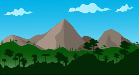 Tropical forest mountain landscape fit for background backdrop. Mountain vector design with blue background. Modern vector design.