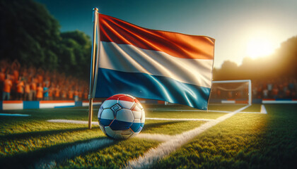 Soccer ball with Netherlands flag on a football field, Generative ai