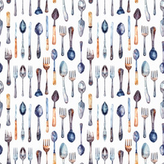 Seamless pattern with cutlery. Watercolors. Design for kitchen, cafe, and interior. Cover and packaging.