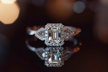 Emerald Cut diamond engagement ring, luxury jewelry, closeup